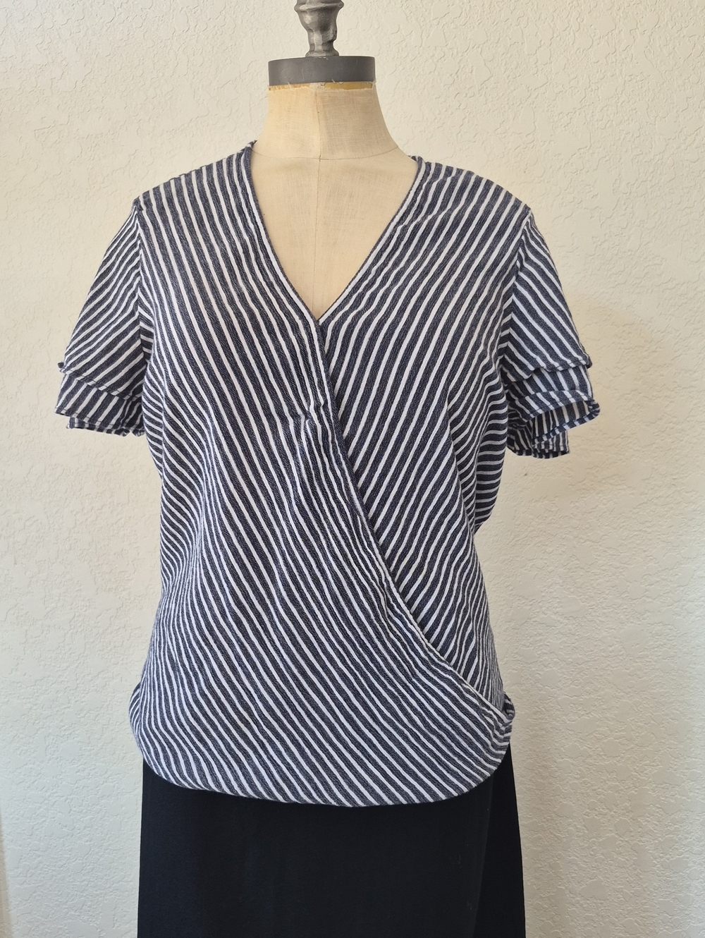 Michael Kors Wrap Top, Striped with Fluttered Short Sleeves Sz L